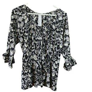 Laila & Savannah Feather Print Ruffle Bell 3/4 Sleeve Top Silk USA  XL